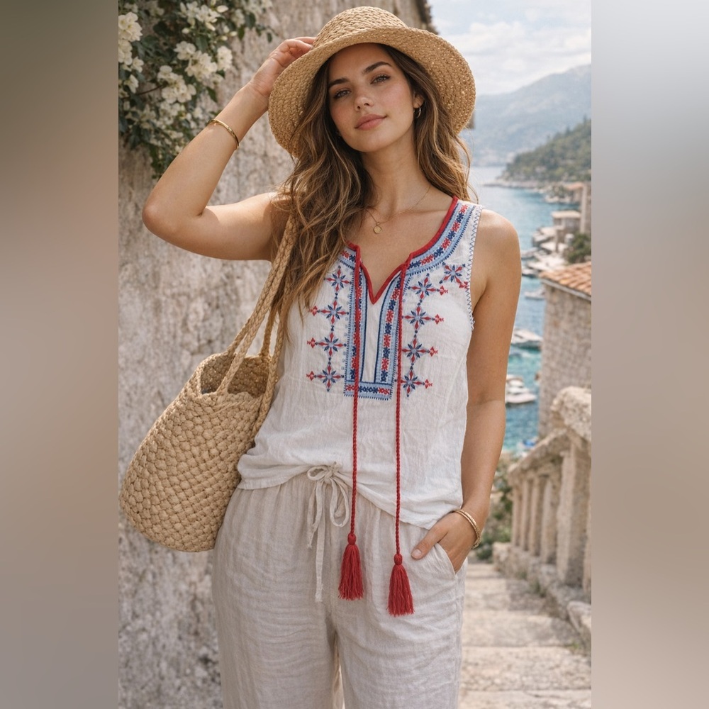 Altar’d State Embroidered Boho Tank Top Tassel Tie White Red Blue Size Small